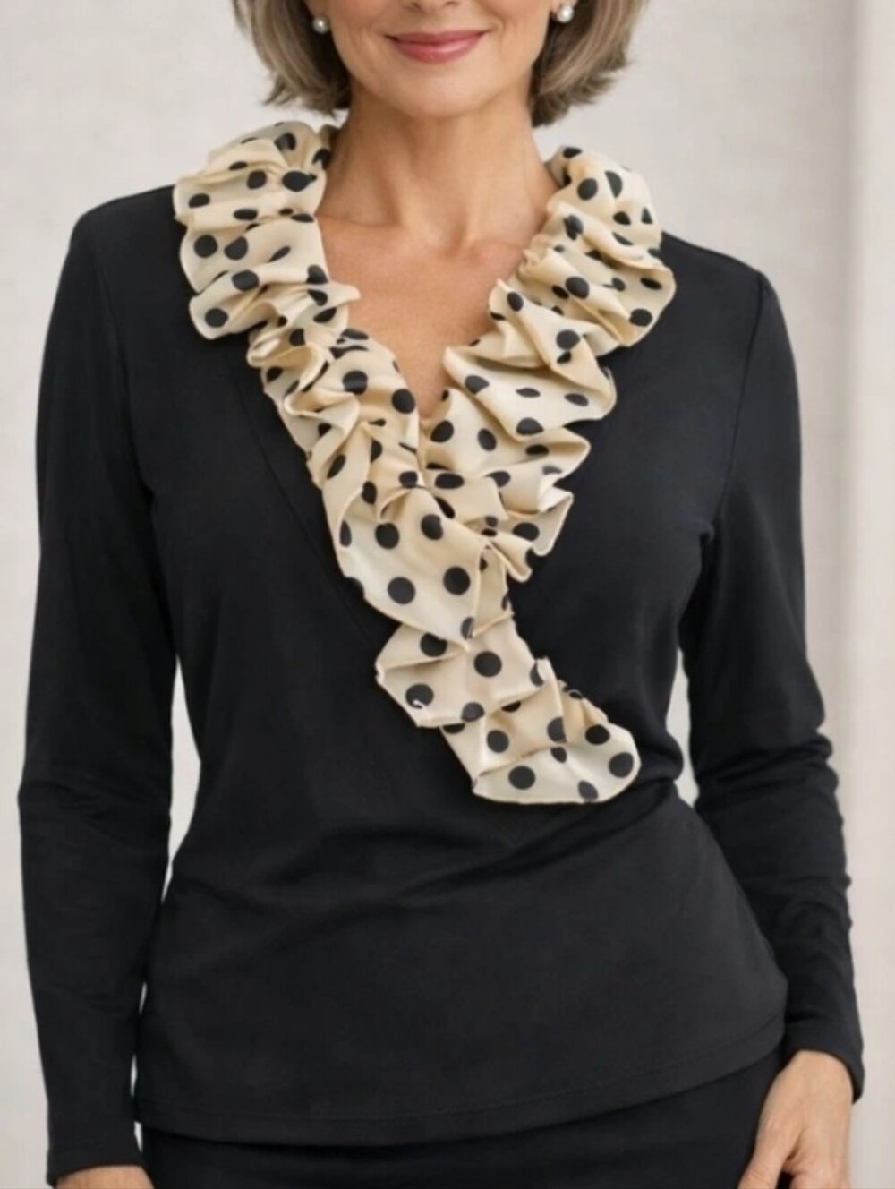 Vintage Joseph Ribkoff Ruffle Blouse Black Polka Dot Satin Wrap Top Size 4-Y2K